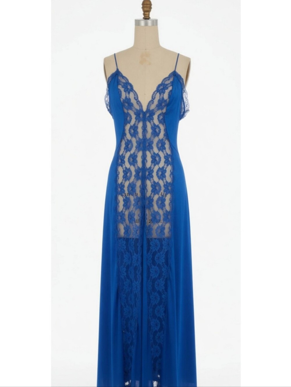 80s Sapphire Blue Lace Nightgown Medium V-neck Negligee Val Mode  Boudoir Sheer